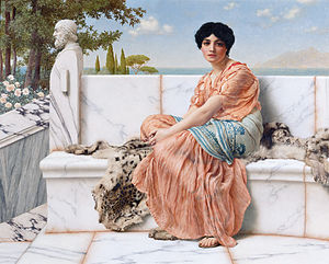 Gemälde einer Frau in griechischen Gewändern die auf einer Marmorbank sitzt mit Bäumen und Wasser in der Ferne